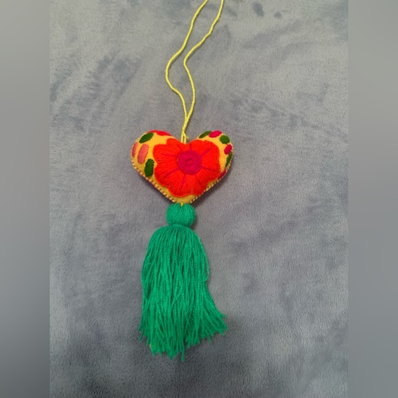 Mexican Embroidered Heart Tassel| Beige-Pink Heart with green Tassel. NWOT - Picture 1 of 6